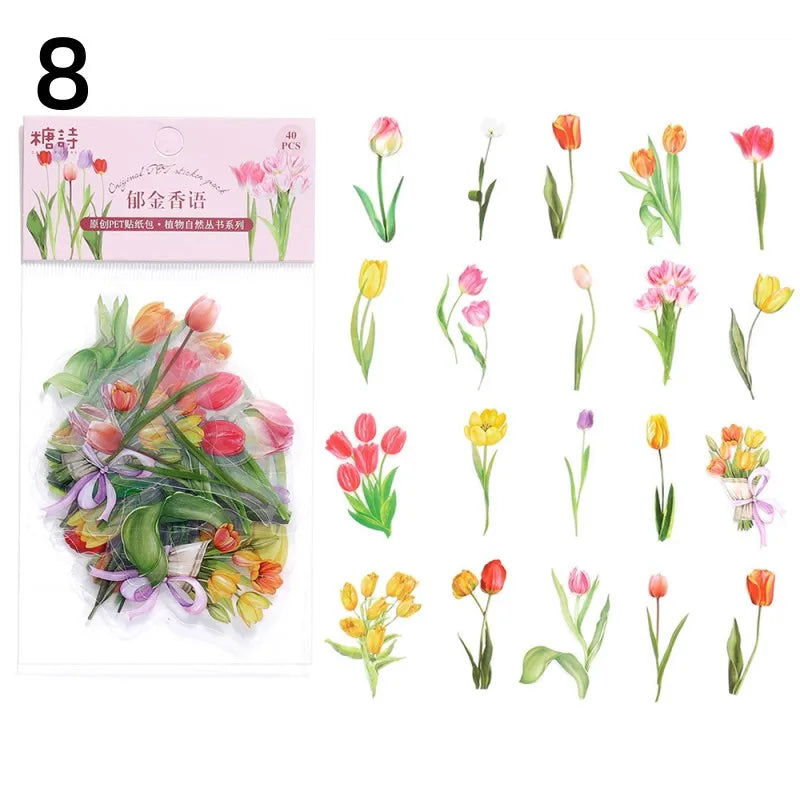40 Pcs/set Plant Flower Stickers Decorative Green Leaves Retro Plant Manual Scrapbook DIY Label Diary Stationery Album Crafts
