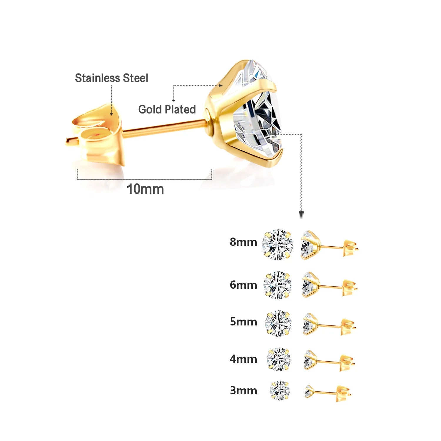 LUXUSTEEL Crystal Zircon Stud Earrings | Screw Back Round CZ Earrings for Men Women detail view