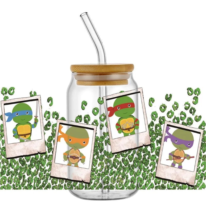 Cartoon Turtle Decal Stickers | Waterproof UV DTF Wrap for 16oz Libbey Glass alternate view