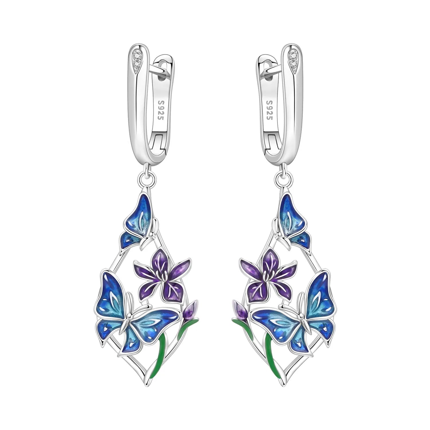 PANPOKI Original 925 Sterling Silver Double Butterfly Insect Earrings Women Hoop Earring detail view
