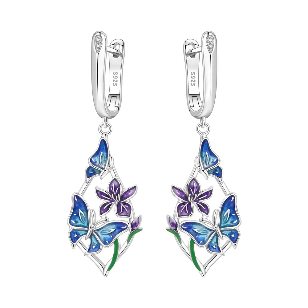 PANPOKI Original 925 Sterling Silver Double Butterfly Insect Earrings Women Hoop Earring detail view
