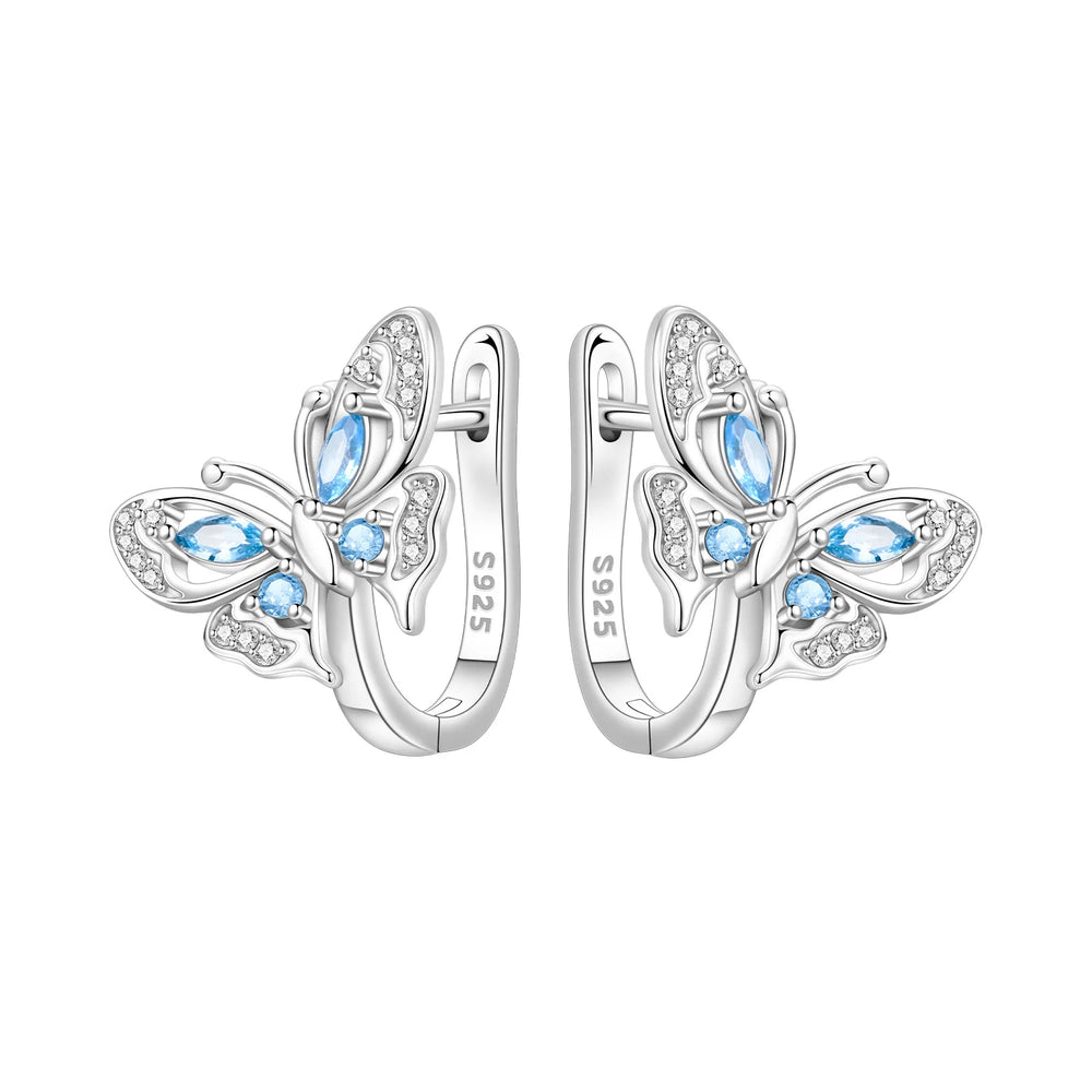 PANPOKI Original 925 Sterling Silver Double Butterfly Insect Earrings Women Hoop Ea additional angle
