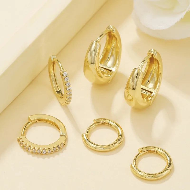 3 Pairs Stainless Steel Crystal Zirconia Hoop Earrings for Women Trendy Simple Gold Pl close-up view