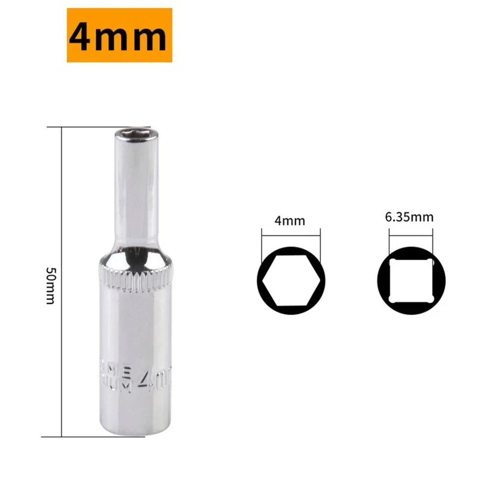 1/4 Hex Drive Deep Socket Adapter Set | Chrome Vanadium Steel Impact Socket Wrench close-up view