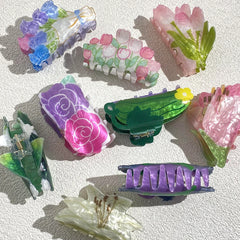 Sweet Acrylic Double Sided Flower Printed Hair Claw Clip For Women Oversize Geometric Shark Hairpin