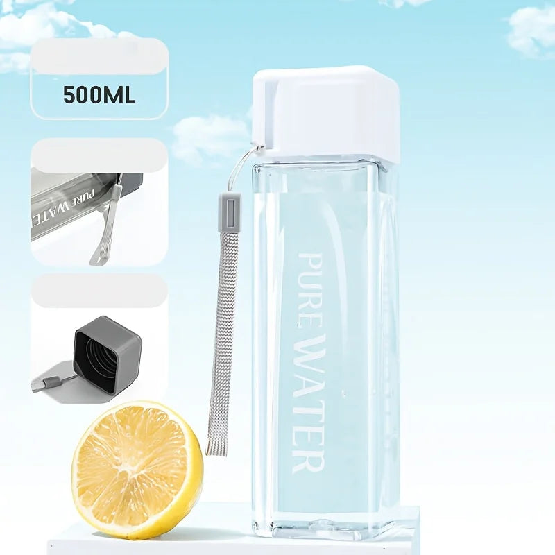 minimalist square plastic water cup, leak proof, with drawstring and lid, portable additional angle