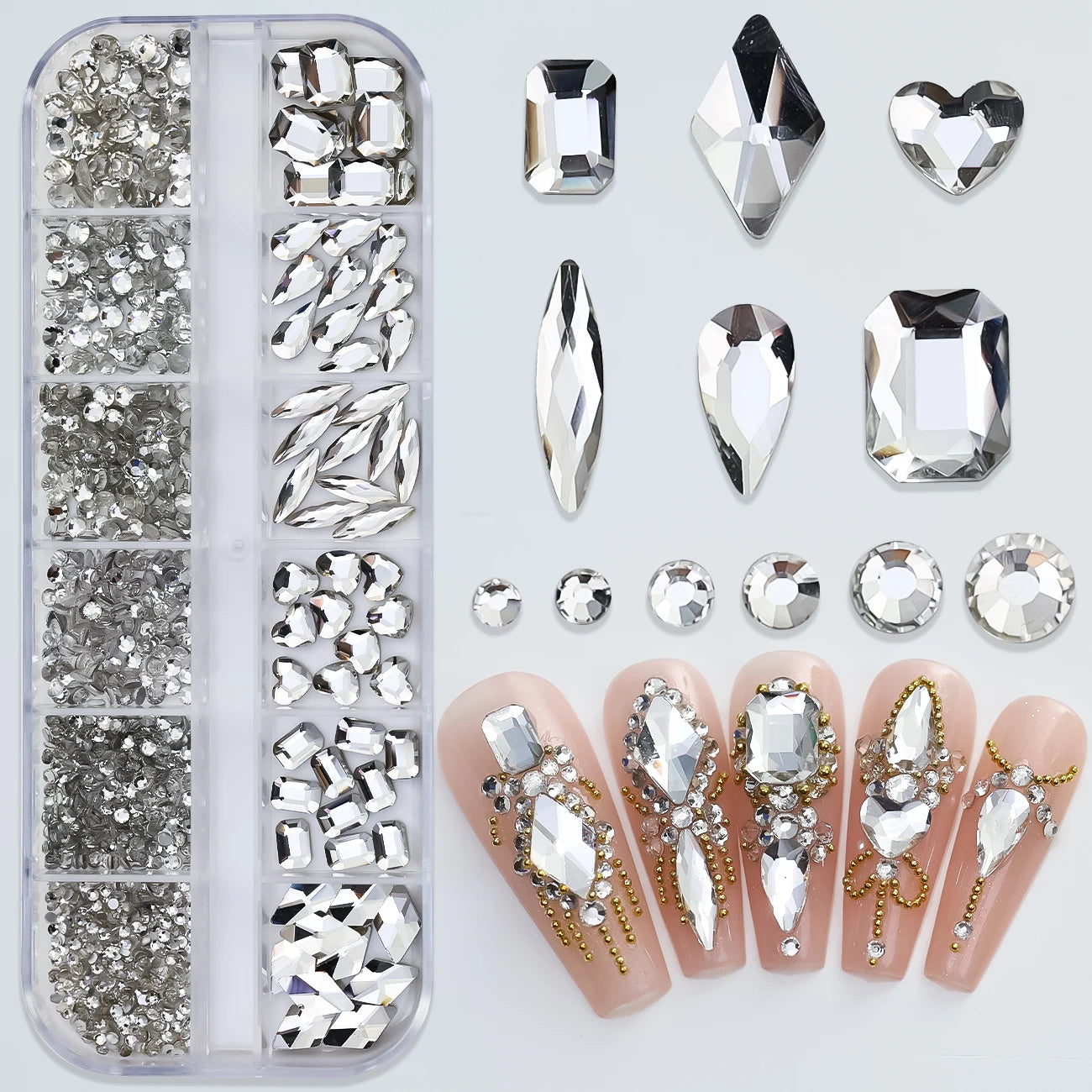 12Grids Pink Mixed Nail Rhinestones Luxury Nail Charms Glitter Crystal Jewelry Gems Nail detail view
