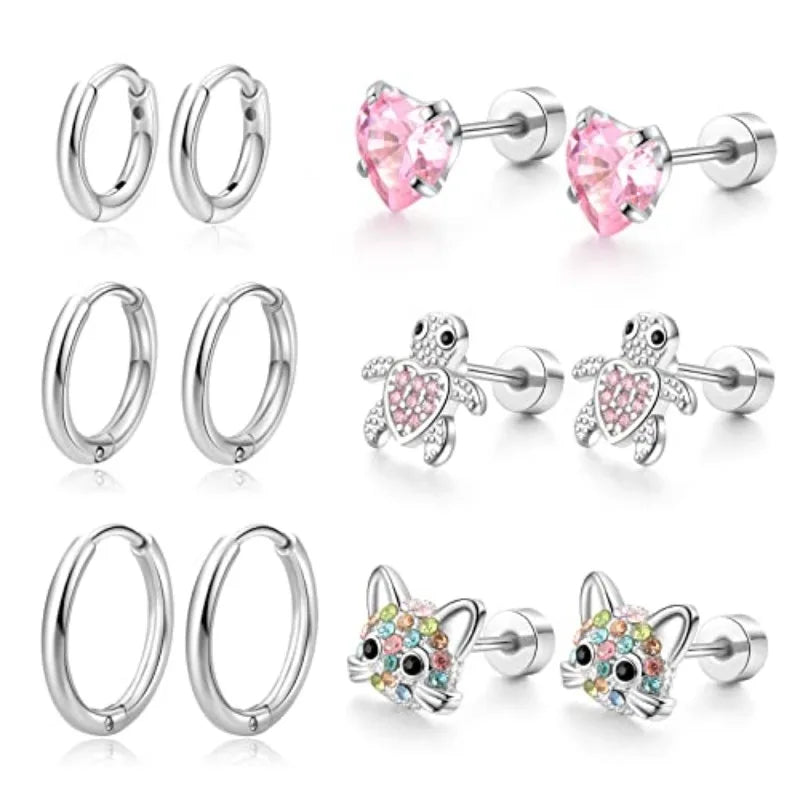 1/6 Pairs Hypoallergenic Screw Back Earrings, Flat Back Earrings Hoops Cat Turtle Car alternate view