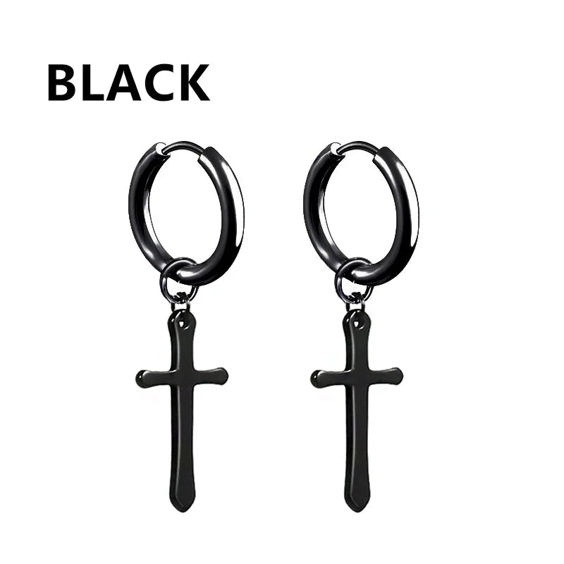 2pc Stainless Steel Men Cross Stars Punk Dangle Earrings Gothic Woman Cross Ear Hoop E close-up view