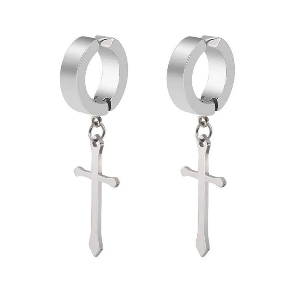 1/6 Pairs Stainless Steel Cross Pendant Clip Earring Non Piercing Fake Hoop Stud Earri close-up view