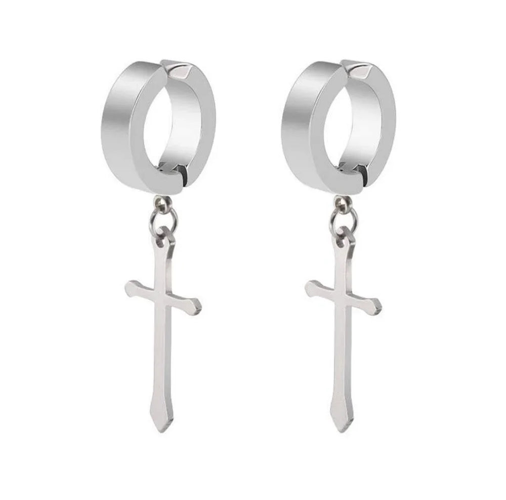 1/6 Pairs Stainless Steel Cross Pendant Clip Earring Non Piercing Fake Hoop Stud Earri close-up view