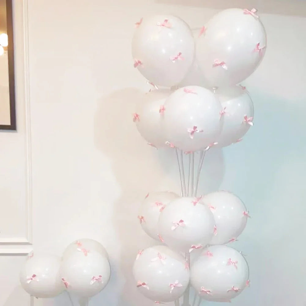 Bow Balloons Set White Balloon Mini Pink Ribbon Bows Girls Birthday Party