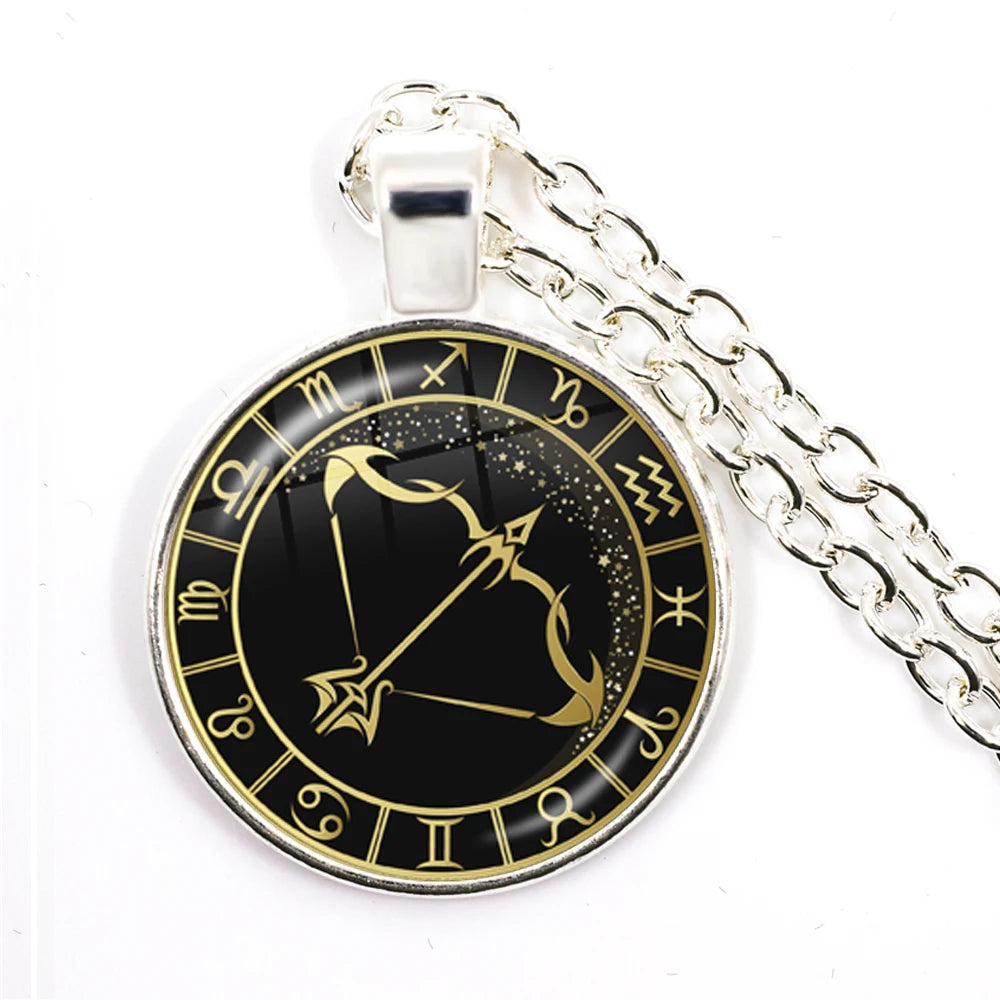 12 Constellation Zodiac Pendant Necklace | Antique Bronze Glass Dome Jewelry close-up view