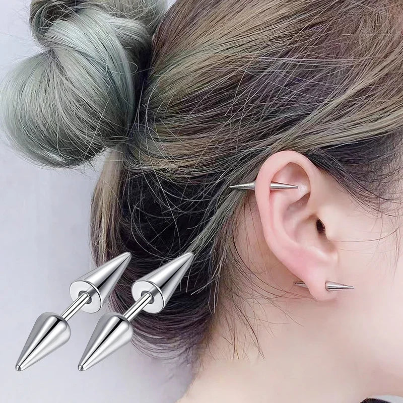 2PCs Classic Fashion Punk Rock Rivet Spike Tip Cone 316L Stainless Steel Women Men ear close-up view