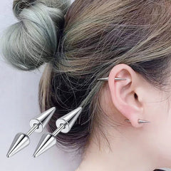 2PCs Classic Fashion Punk Rock Rivet Spike Tip Cone 316L Stainless Steel Women Men ear close-up view