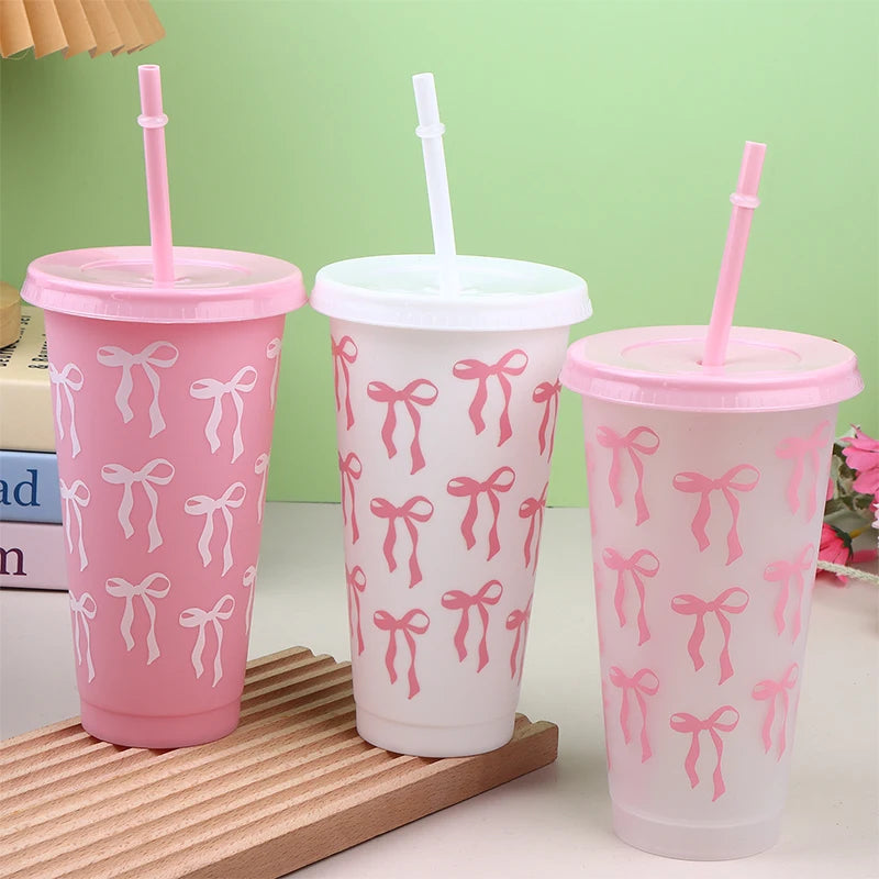 710ml Bow Reusable Party Cups With Straw Lid Coffee Juice Tea Cute Tumbler With Straw alternate view