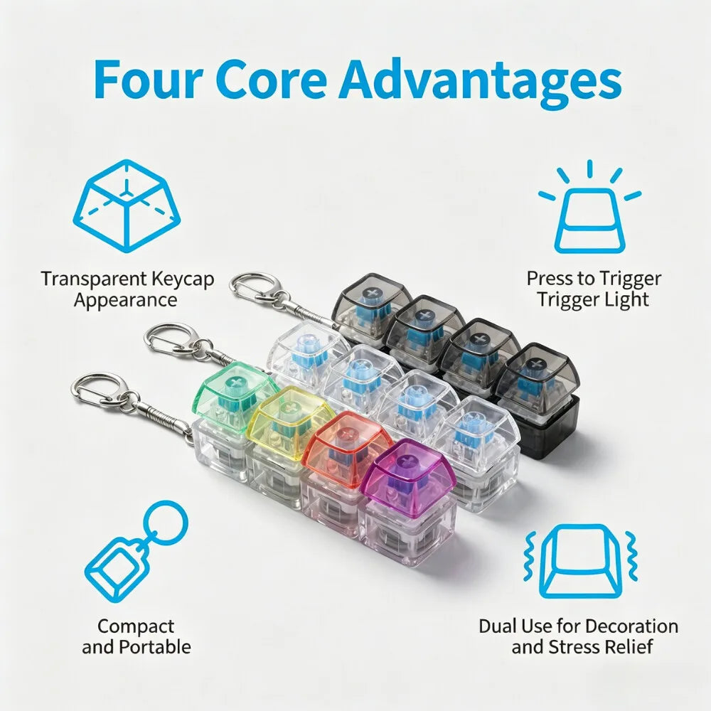 LED Light-Up Keychain Keyboard Clickable Button Fidget Toy for Stress Anxiety Relie additional angle
