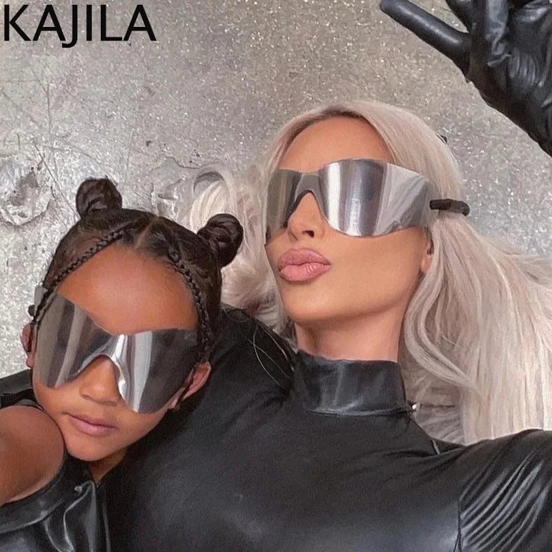 Oversized Punk Rimless Sunglasses | Y2K UV400 Mirror Lens Shades detail view