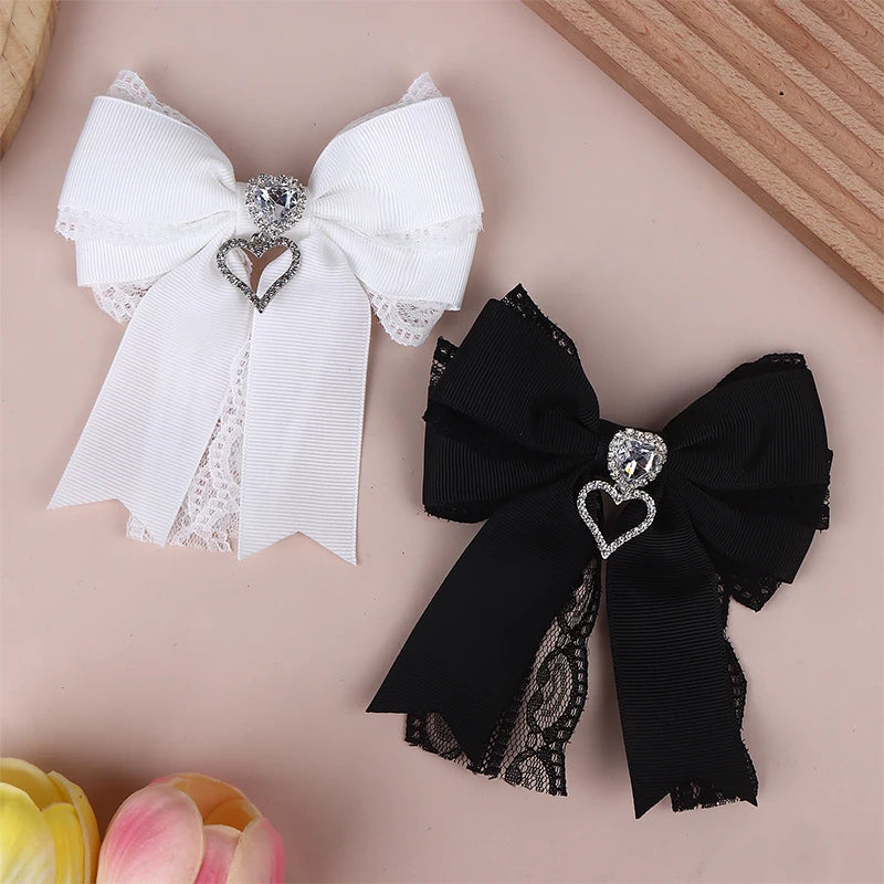 Women's Lace Bow Tie Brooches Hairclip Heart Shape Rhinestone Pendant Lolita Skirt Acces detail view
