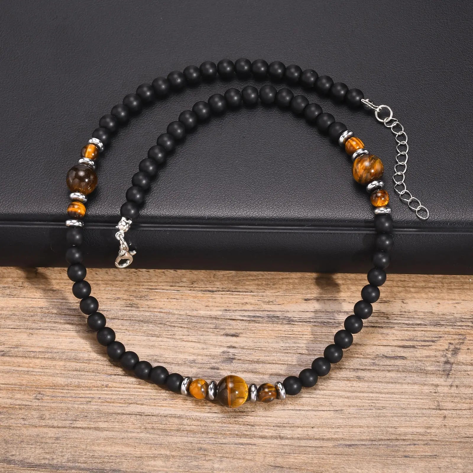 Casual Black Brown Beaded Necklace for Men | Summer Beach Tiger Eye Stone Jewelry detail view