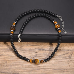 Casual Black Brown Beaded Necklace for Men | Summer Beach Tiger Eye Stone Jewelry detail view