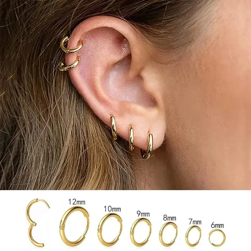 Huitan Glossy Minimalist Hoop Earrings Chic 6mm/7mm/8mm/9mm/10mm/12mm Ear Piercing Ac alternate view