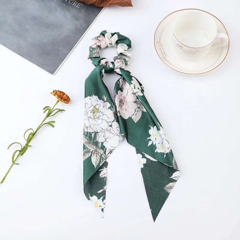 Fashion Flower Print Bow Satin Long Ribbon Ponytail Scarf Tie Scrunchies Women Girls alternate view