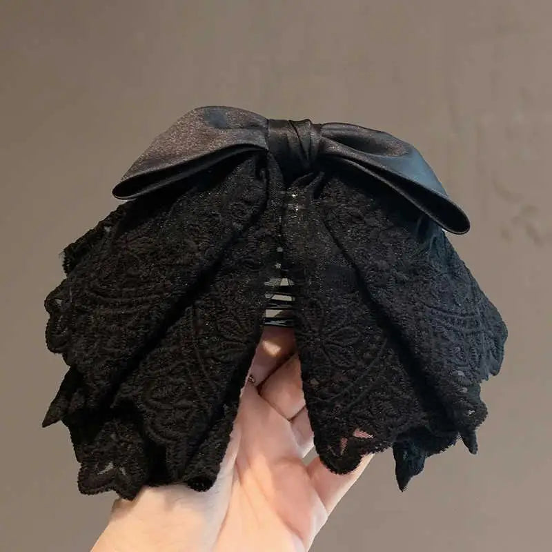 [E] French Elegant Ballet Style Lace Satin Bow Ponytail Hair Clip, Gentle And Sweet Shark Clip Hair Ornament On The Back Of Head