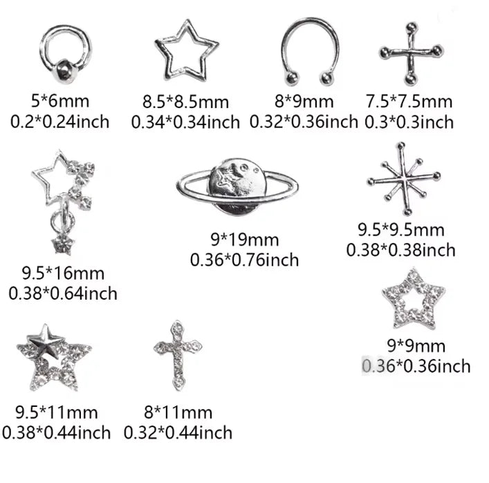 80PCS Star Nail Charms for Acrylic Nails,Silver Star Planet Cross Alloy Nail Art Deco alternate view