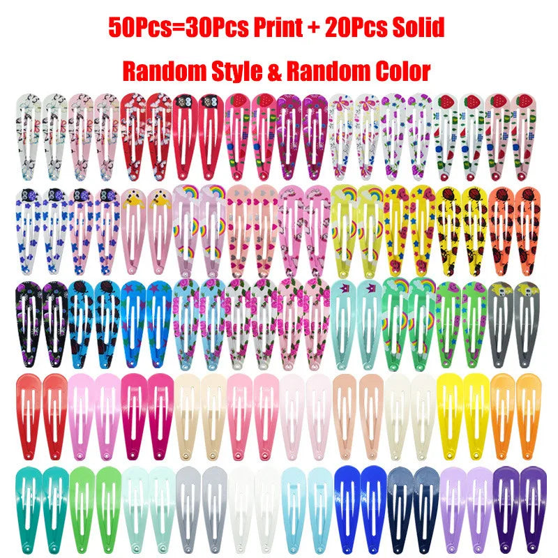 50Pcs/Lot Alloy Hair Accessories Children Hairpin Print Flower Cartoon Hairclip Solid Candy Color Head Barrettes Girls Headdress