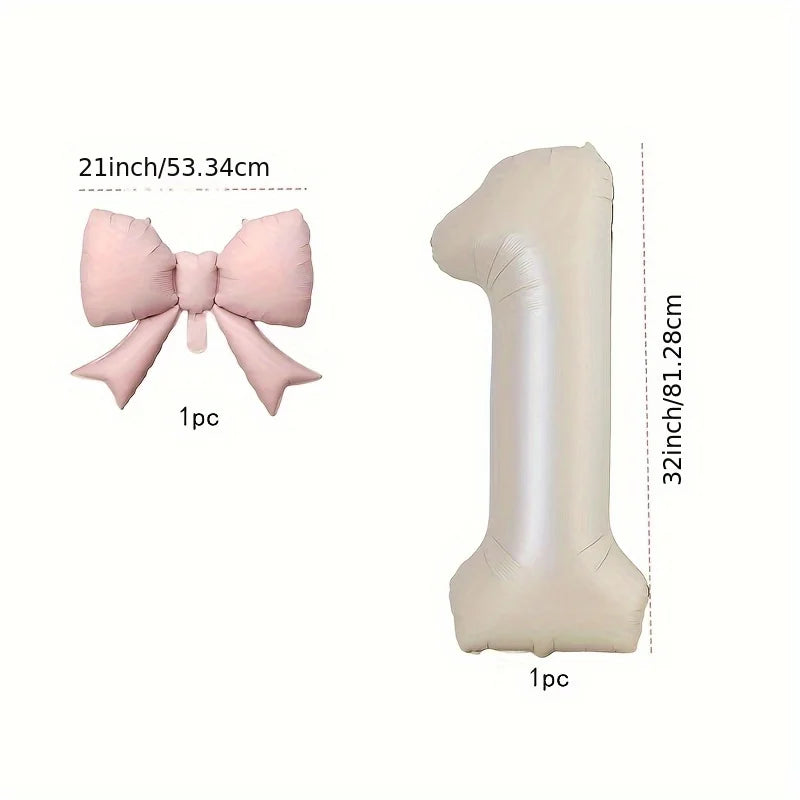 2 Pcs 32 Inch Cream Digital Balloon Set with Pink Bow | Aluminum Foil Party Decor additional angle