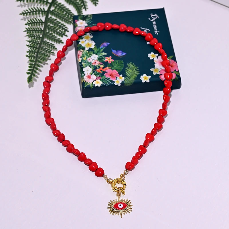 Heart Choker Necklace with Colorful Beads | Bohemian Eye Pendant Set for Women additional angle