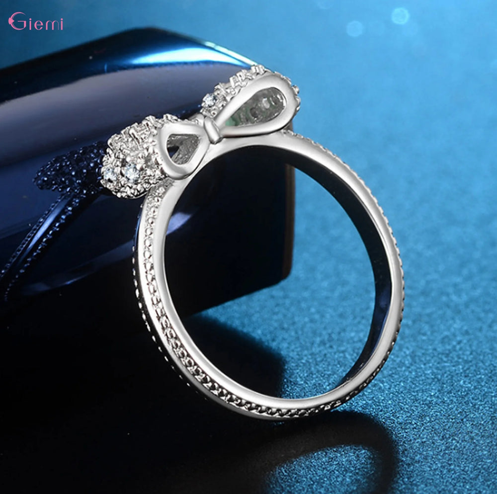 925 Sterling Silver Bowknot Bow Knot Cubic Zirconia Rhinestone Rings For Women Fashion close-up view