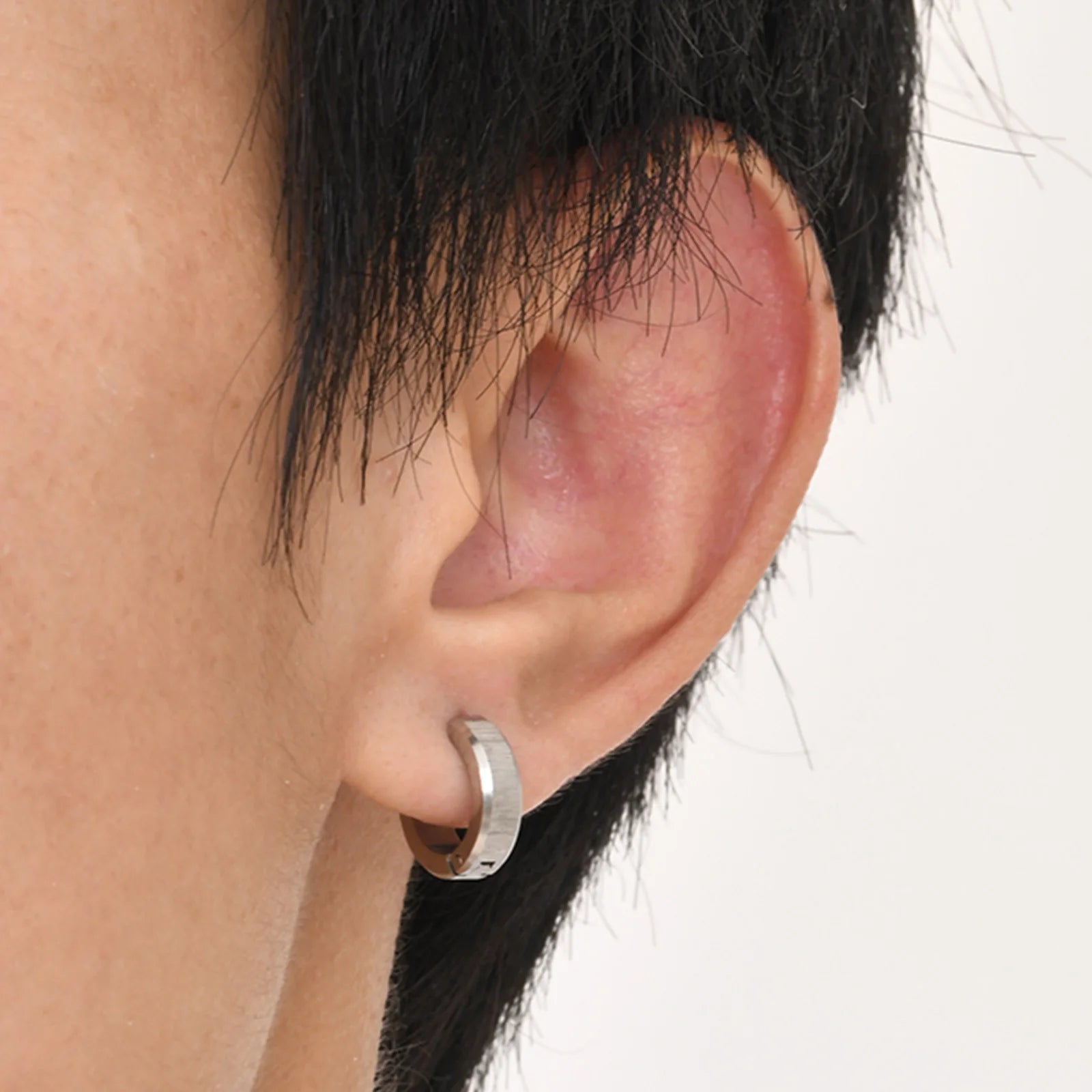 Stainless Steel Hoop Earrings for Men | Brushed Silver Small Hoops detail view