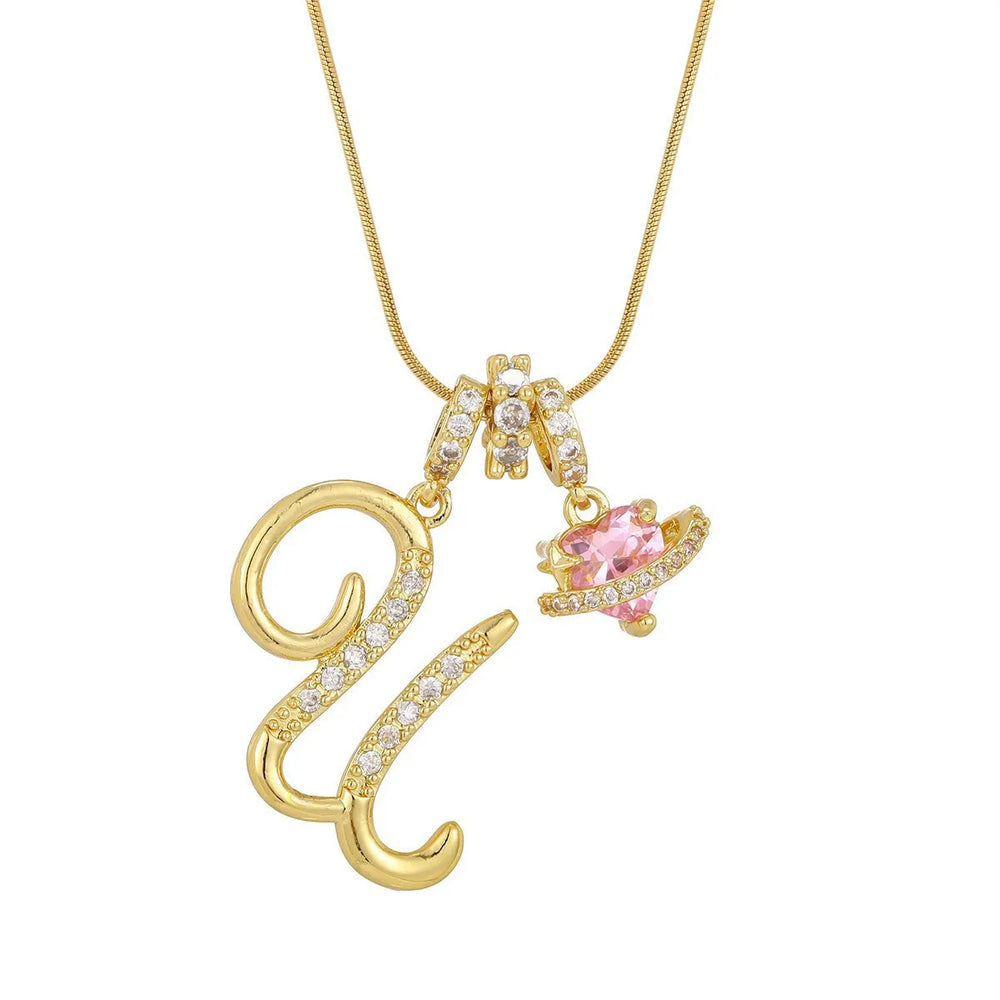 Fashion Letter Necklace for Women Pink Zircon Heart-shaped Pendant Suitable for Girls close-up view
