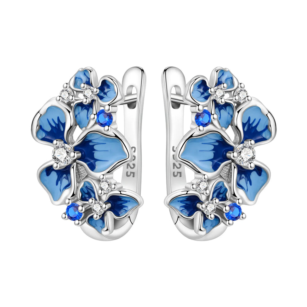 925 Sterling Silver Purple Flowers Plants Leaf Series Blue Iris Flower Earring Hoop Earr detail view
