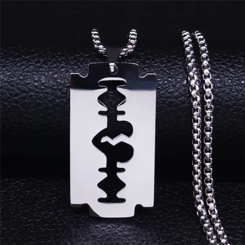 Gothic Blade Razor Pendant Necklace | Stainless Steel Black Goth Men's Chain detail view