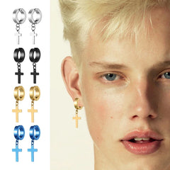 Stainless Steel Clip On Cross Earrings | Non Piercing Gothic Punk Jewelry for Men Wom alternate view