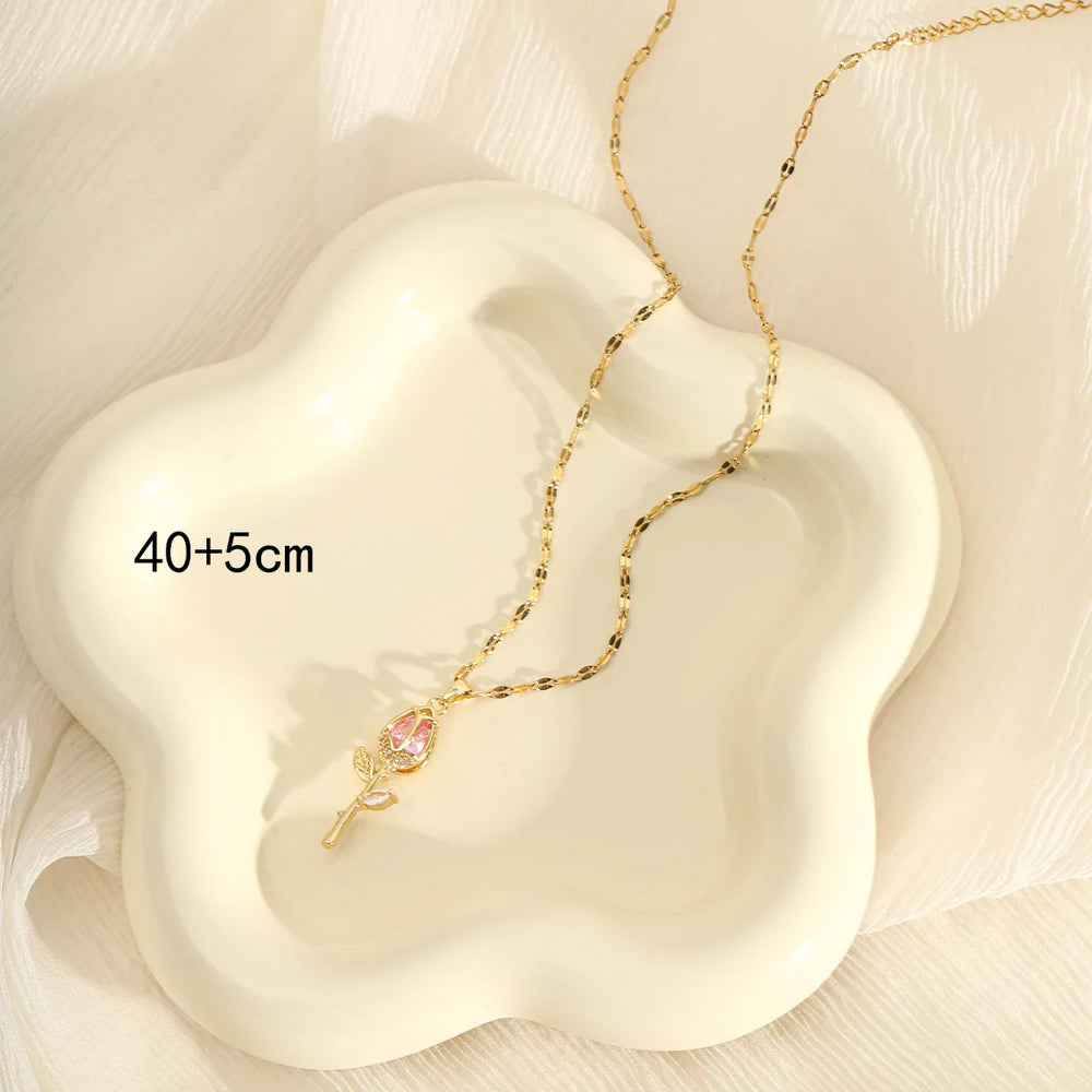 Elegant Pink Rose Necklace for Women Light Luxury Zircon Flower Pendant High-End Jewelry detail view