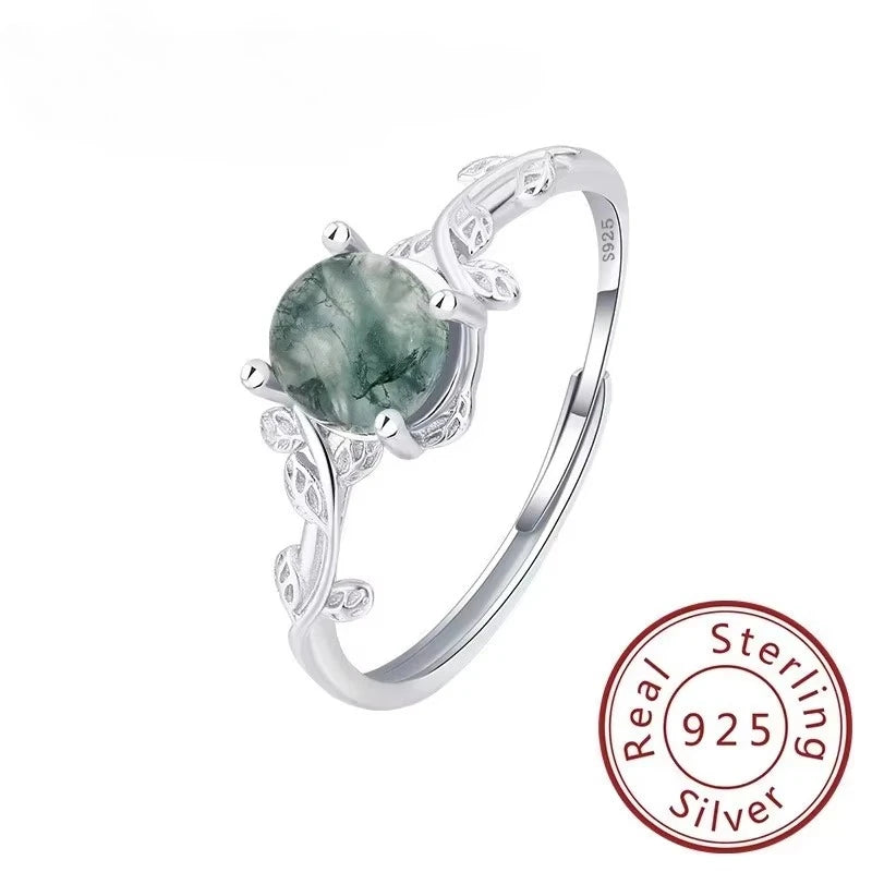 New S925 Sterling Silver Green Moss Agate Stone Ring for Women Engagement Jewelry Gift