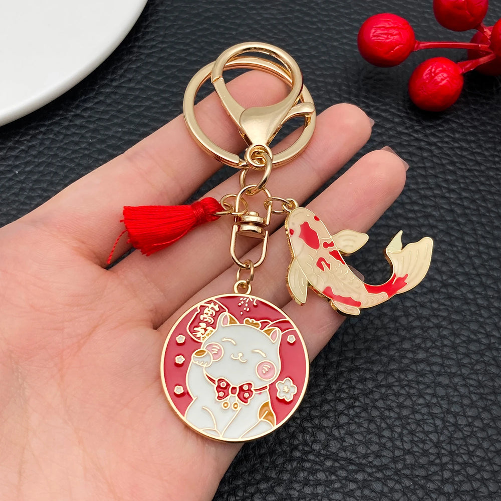Japanese Maneki-neko (Lucky Cat) Keychain, Japanese Style Koi Fish Car Key Pendant, Cr close-up view