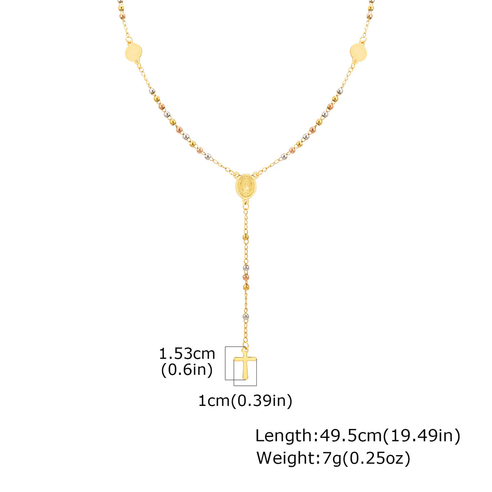 Prjewel Stainless Steel Three-Color Beaded Cross Pendant Y-Necklace | Faith-Inspired Fas detail view
