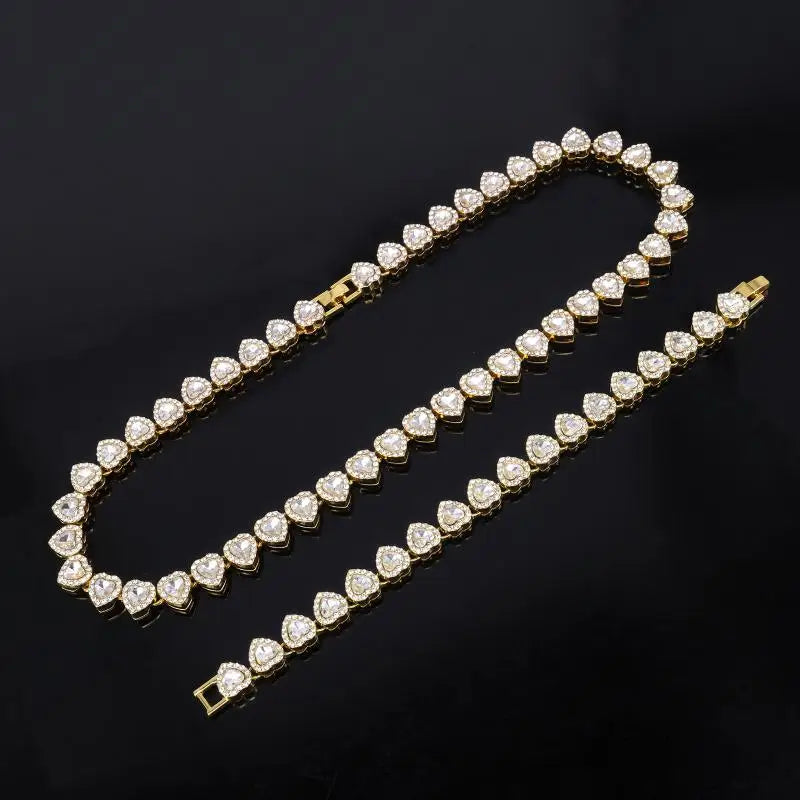 Shiny Heart Rhinestone Hip Hop Chain Necklace and Bracelet Set | Hip Hop Jewelry lifestyle view