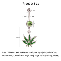 1/2pcs 316L Stainless Steel Leaf Belly Button Ring for Women, Green Maple Leaf Dangle Be detail view
