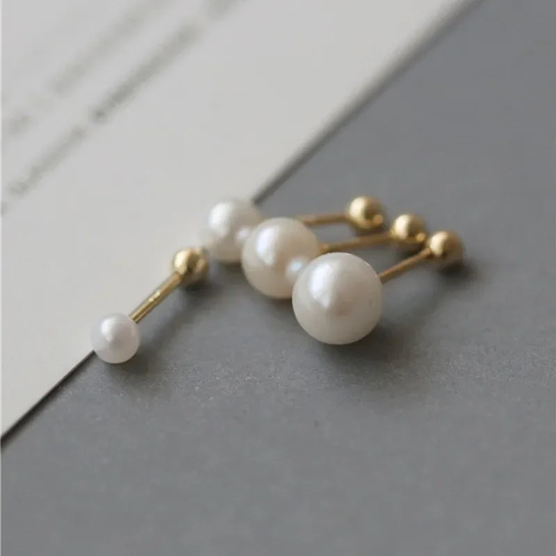 925 Sterling Silver Geometry Pearl Stud Earrings for Women Advanced Ornament Round additional angle