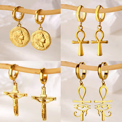 18K Gold Plated Portrait Coin Earrings | Stainless Steel Jesus Cross Dangle Huggie Earrings