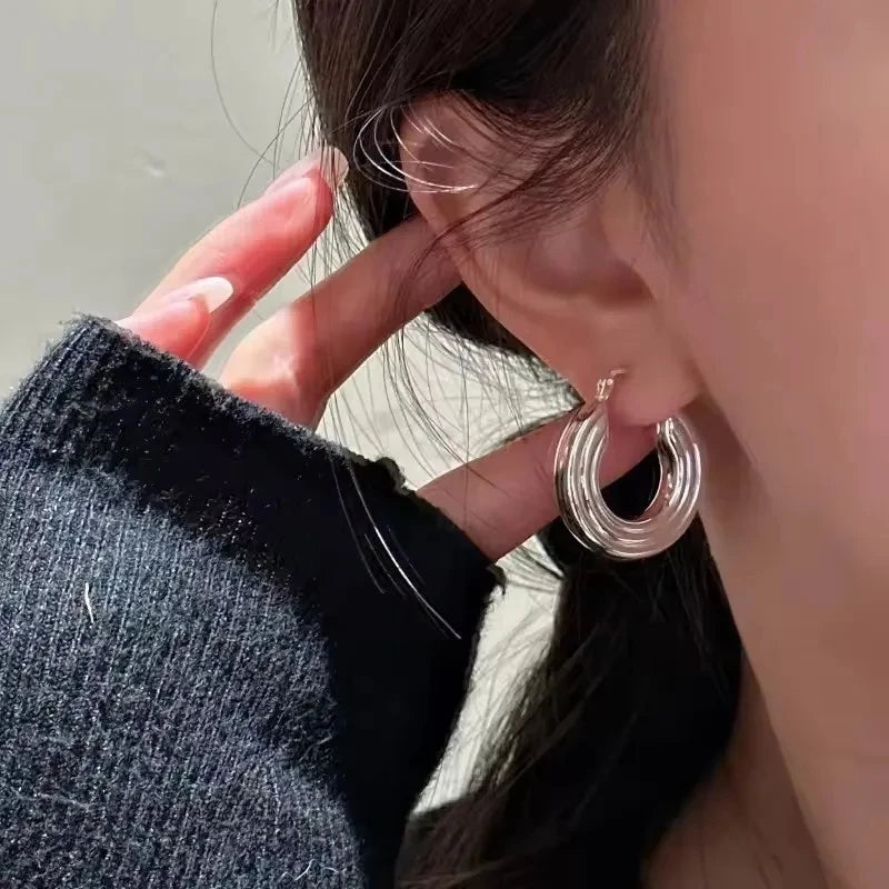 PANJBJ925 Sterling Silver Frosting Hoop Earrings For Women Texture Geometry Design Trend Fashion Jewelry Gift