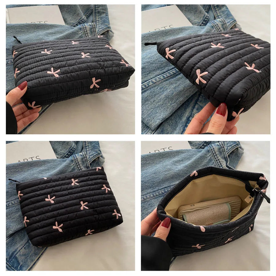 Cute Makeup Bag with Zipper Large Capacity Cosmetic Bag Embroidery Bow Wash Storage B lifestyle view