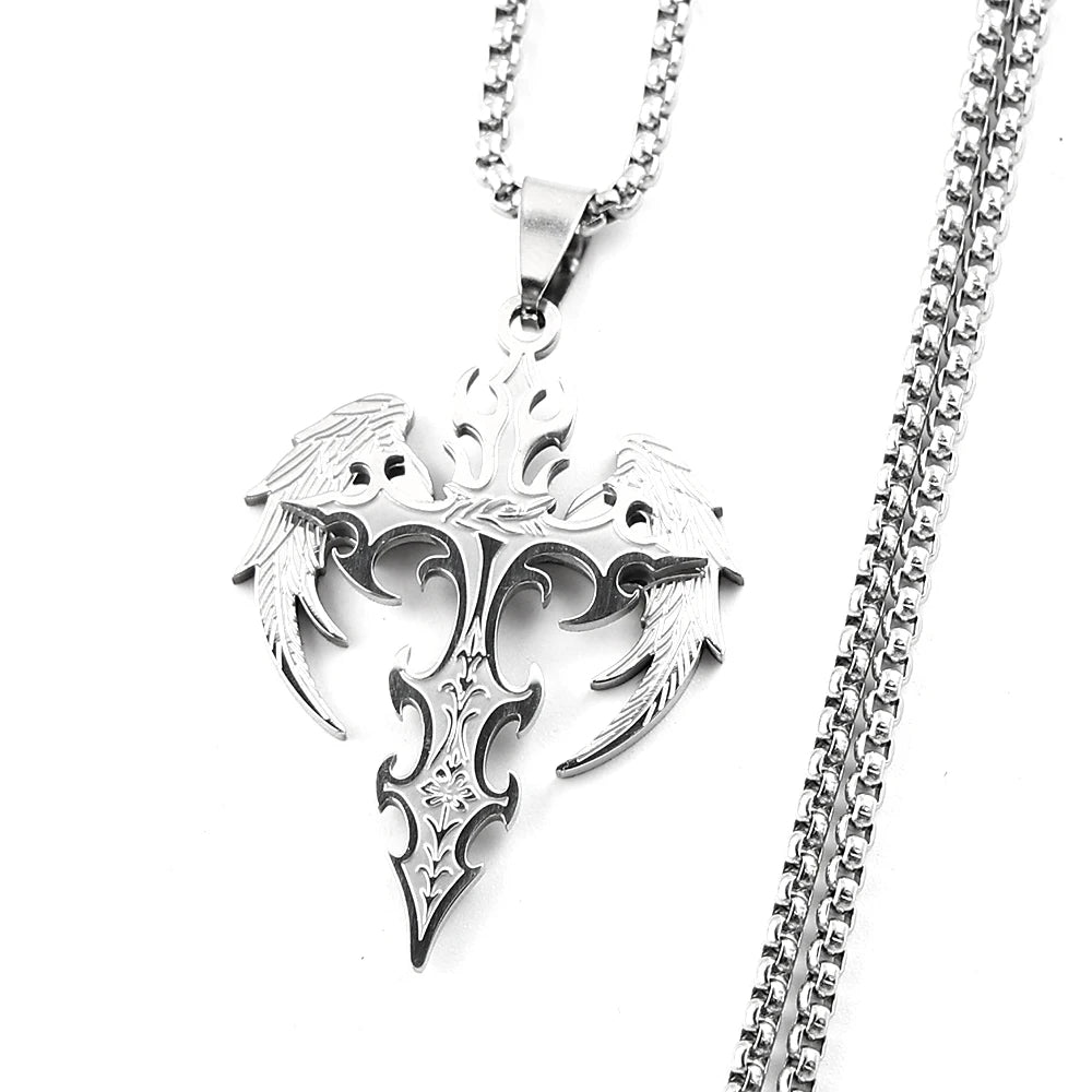 Gothic Punk Angle Wing Spiked Cross Pendant Necklace For Women Men Stainless Steel additional angle