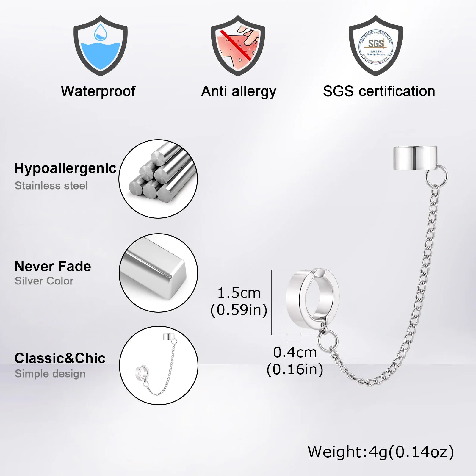 1pc Clip Earrings with Chain Stainless Steel for Women Men Punk Tassel Hoop Ear Cuffs alternate view
